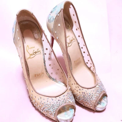 Escarpins Christian Louboutin maille strass ouverts beige nude taille 36 US... - Photo 1/4