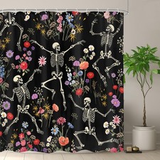 72x72 Skull Flower Shower Curtain Gothic Skeleton Black Colorful Wildflower
