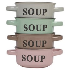 4/8 Coloured Stoneware Ceramic Cereal Soup Bowls Handles Serving Dish Set 500ml