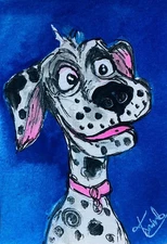 ACEO Whimsical Dalmatian Dog Portrait Funny Expression Acrylic Painting Art Card