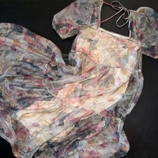 PRE-OWNED H M XS,M MIDI DRESS MESH floral GREEN RED CREAM FALL Summer