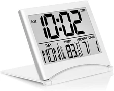 Betus Digital Travel Alarm Clock - Foldable LCD Clock Compact Desk Clock Silver