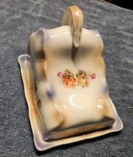 ANTIQUE FLORAL DESIGN PORCELAIN CHEESE DISH 7.5" L X 5.75" W X 5.5" T ♡ MARKED 