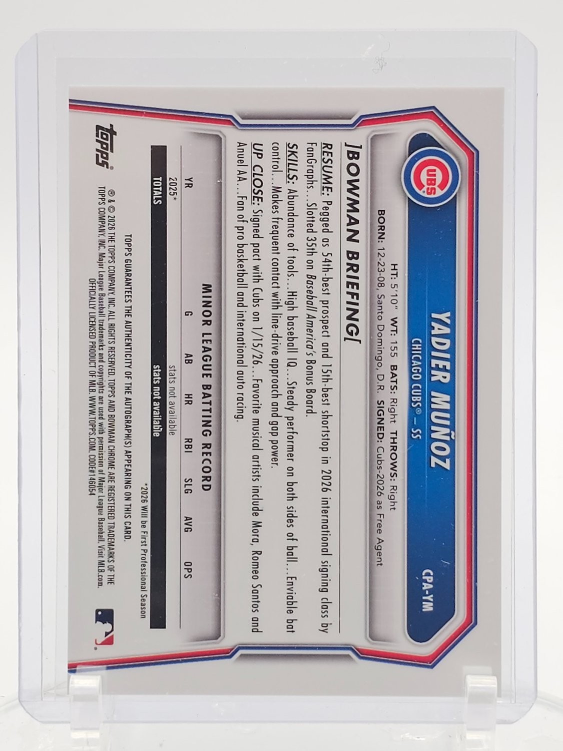 YADIER MUÑOZ 2026 BOWMAN CHROME BASEBALL 1ST AUTO #CPA-YM CHICAGO CUBS Q1816 view 2