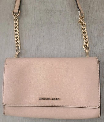Michael Kors Beige Saffiano Leather Crossbody Jet Set Bag Purse Chain Adjustable