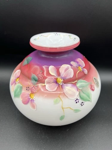 Fenton Plum Opalescent Overlay Floral Hand Painted Vase Special Order 2010 W226