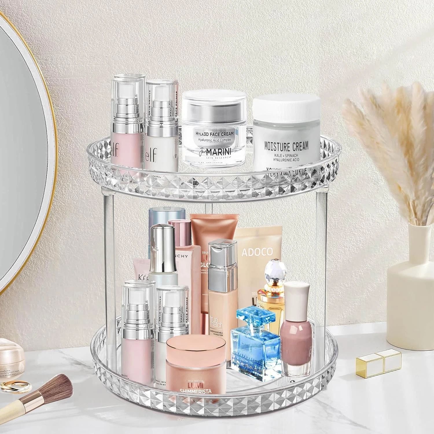 Lazy Susan Organizer 2 Tier Rotating Makeup Skincare Vanity Clear 360
