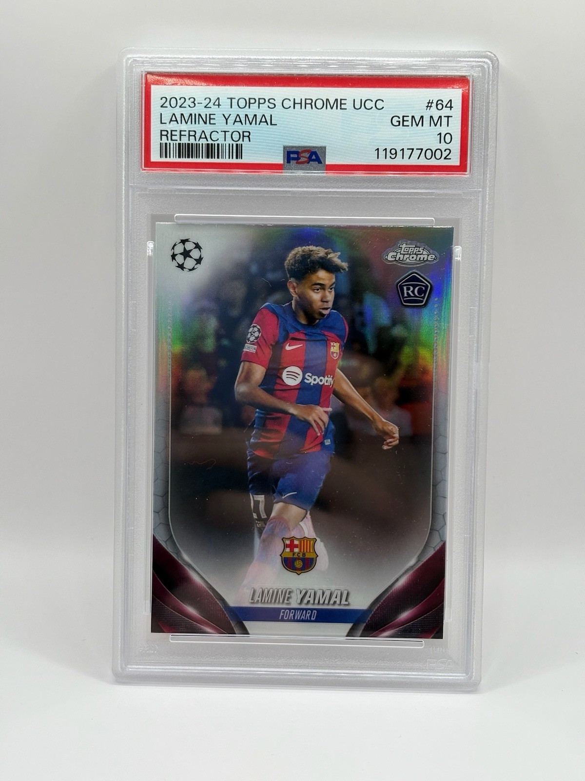 2023-24 TOPPS CHROME UCC REFRACTOR RC ROOKIE #64 LAMINE YAMAL PSA 10