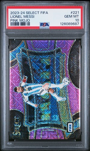 Lionel Messi 2023-24 Panini Select FIFA Pink Mojo /199 Field Level PSA 10