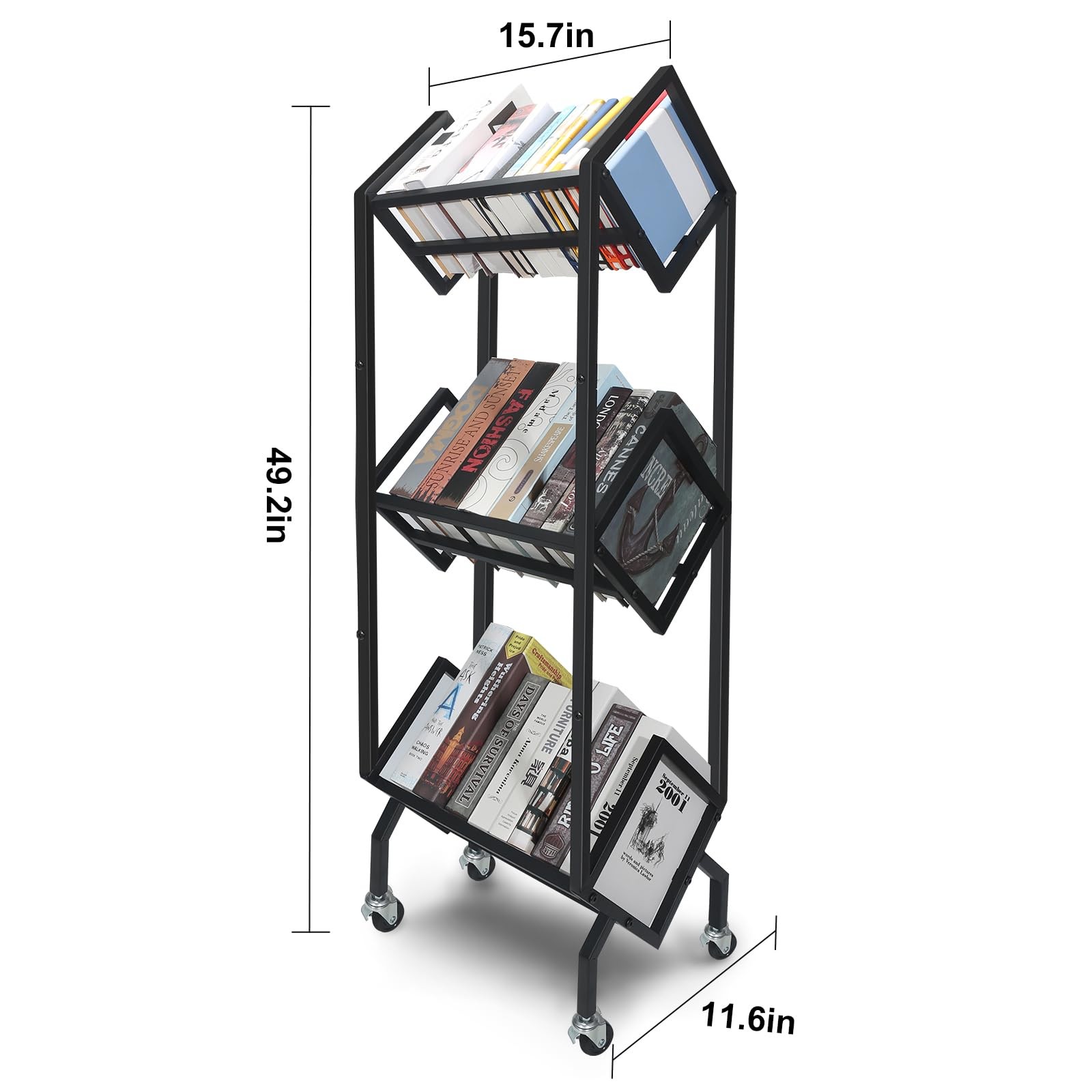 360°Rotation Wheels 3-Tier Metal Book Carts Used for Study Rooms Living