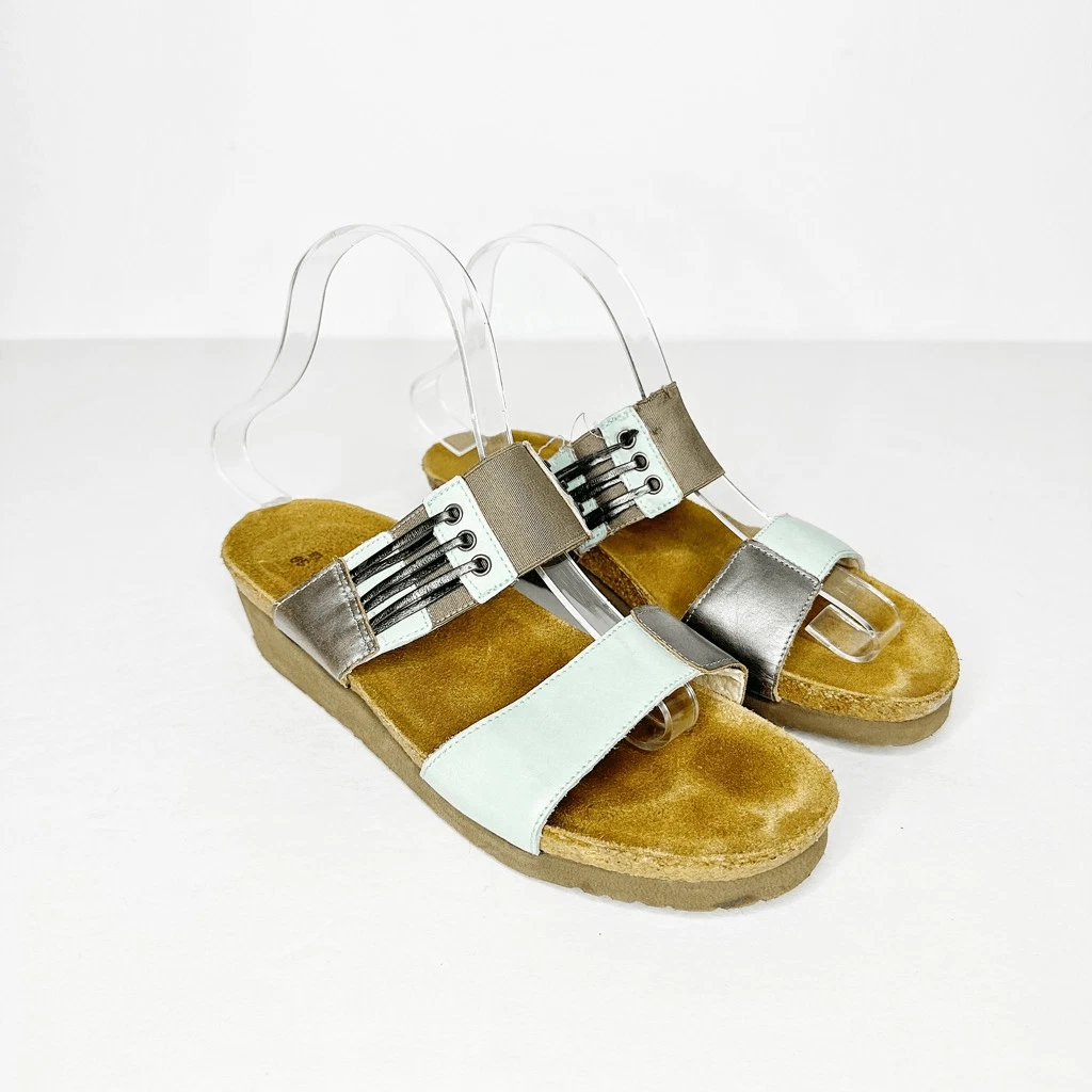 Naot Lena Sandal Slip On Wedge Leather Comfy Casual Celadon Gray womens 39 9