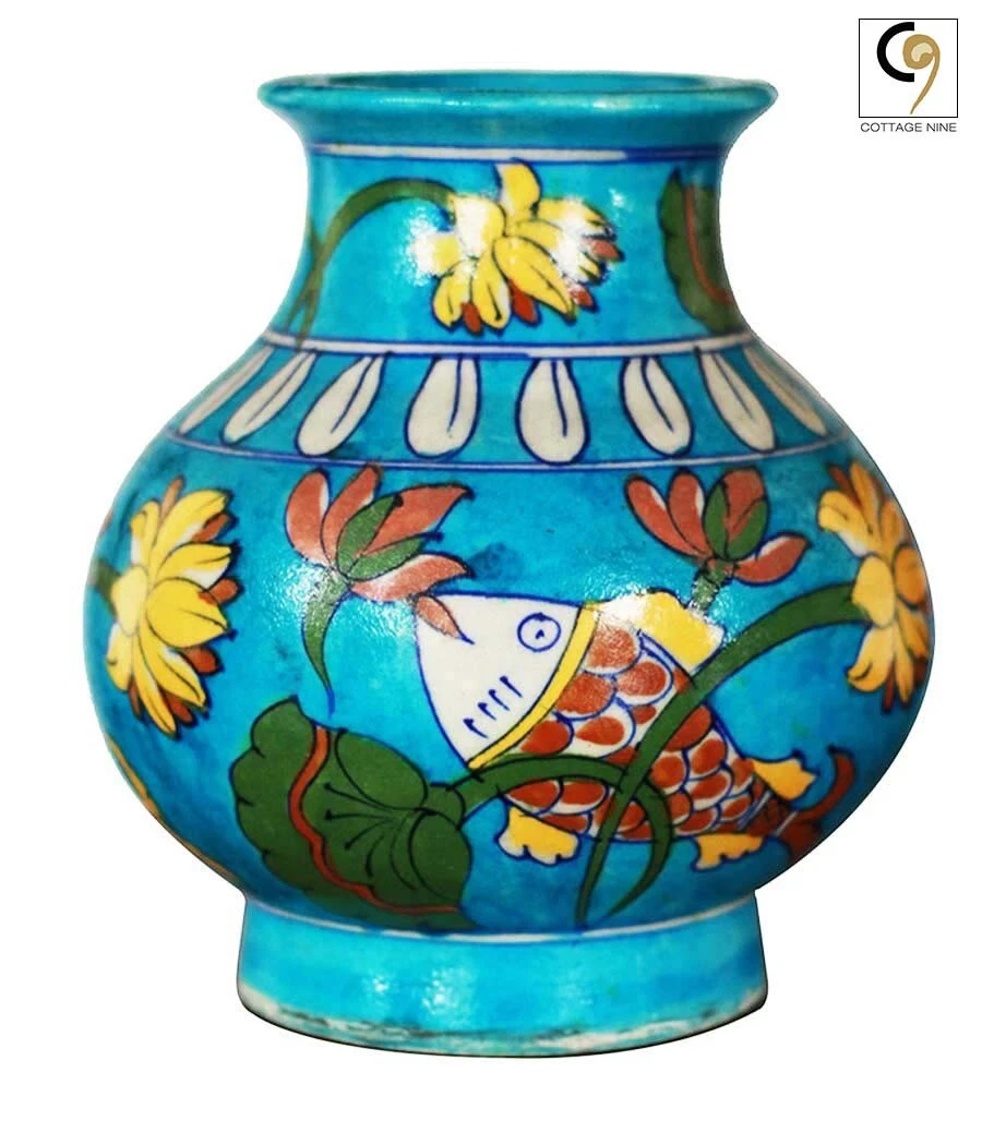 Blue Pottery Pot - Fish and Lotus