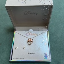 Disney Bowtiful Minnie Mouse Fine Silver Plated Necklace and Earrings New NIB