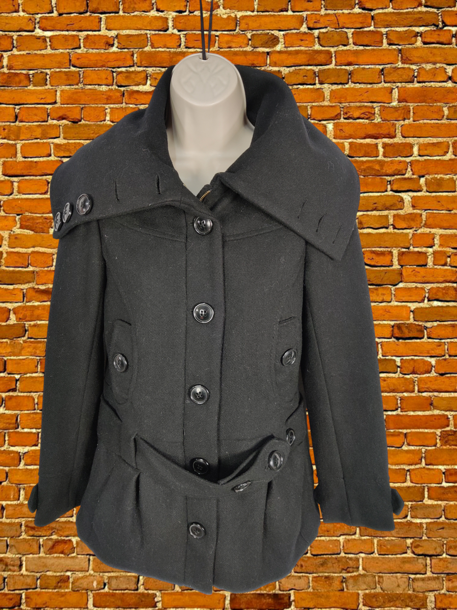 WOMENS H&M DIVIDED SIZE UK BLACK WOOL MIX SHORT BELTED OVERCOAT