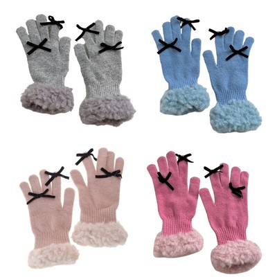 Winter Gloves Full Finger Knit Mitten with Small Bowknot Decor for Adult Teens
