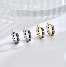 Sterling Silver Cut Black CZ Small Huggie Hoop Hinged Earrings Unisex Gift I115