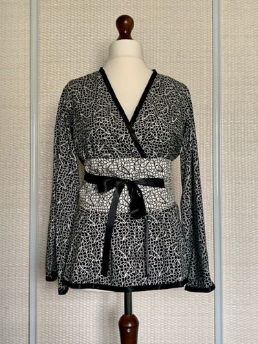 Kimono Wrap Blouse with Obi Belt - Black & Ivory Printed Cotton - UK12 BNWOT - Picture 3 of 9