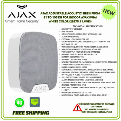 Ajax HomeSiren Acoustic FROM 81 TO 105 DB For  Indoor  Use  AJAX (9NA) WHITE
