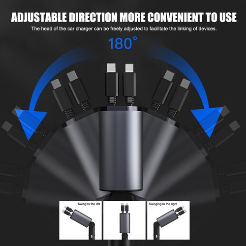 4 in 1 Retractable Car Charger Fast Car Phone Charger 120W with USB Type C Cable - Photo 5 sur 14