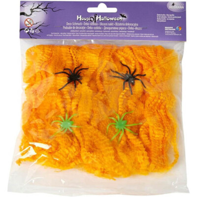 ORANGES SPINNENNETZ & 4 SPINNEN # Halloween Party Grusel Deko Spinnenweben 40g