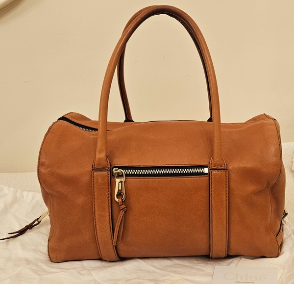 Chloe Boston barrell bag Madeleine leather camel Cognac Tan Gold Zip Authentic