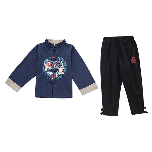 2pcs Kids Boy Outfit Top and Pants Fish Pattern Frog Button Chinese Ethnic Retro - Picture 5 of 15