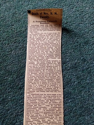 El102 Ephemera 1914 Ww1 Article Death Of Mrs R M Tweedy Falmouth 