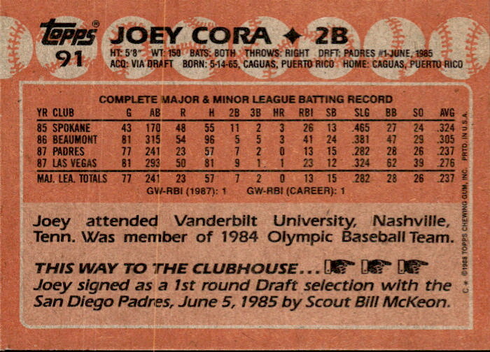 1988 Topps Joey Cora 91 RC San Diego Padres | eBay
