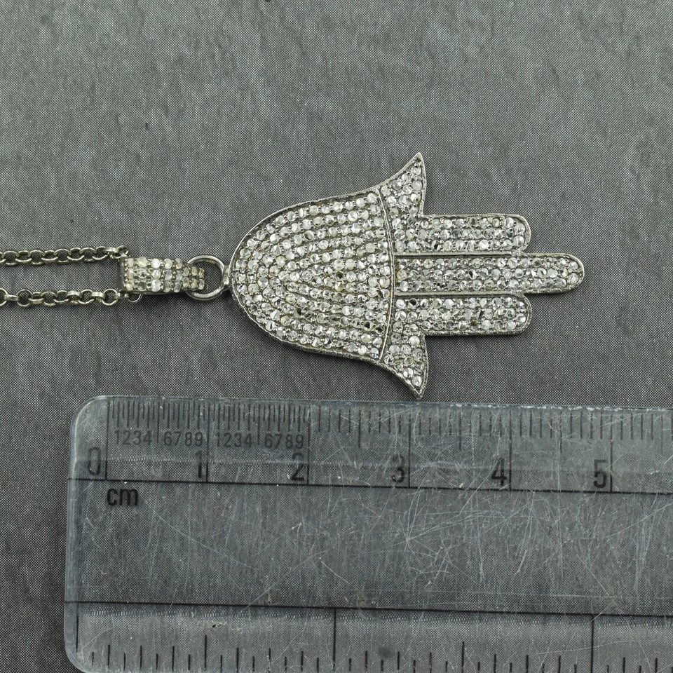 Collar colgante de diamantes pavé a mano Hamsa, colgante con dije, plata de ley 925, regalo Foto 4 de 4