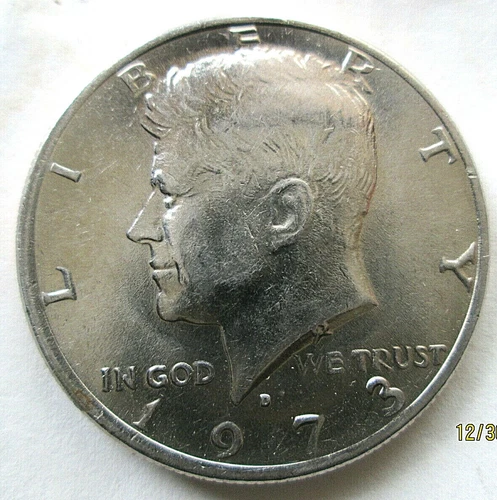 1973-D KENNEDY CLAD HALF DOLLAR, AU/MS DETAILS, NEAR FULL MINT LUSTER CIRCULATED