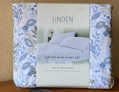 Linden Street FULL Sheet Set 100% Cotton Percale Floral Leaves Vintage Wash NEW