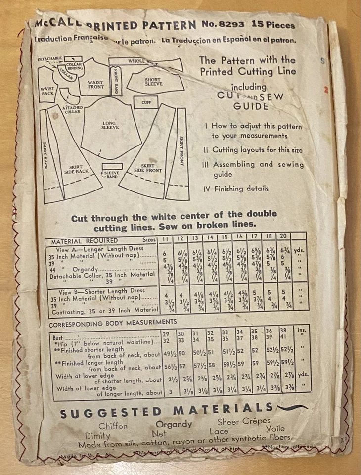 Rare 1930’s Vintage McCall Sewing Pattern 8293 midi/maxi dress 30” bust - Image 2 of 2