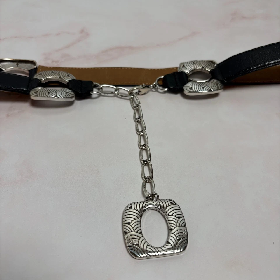 Брайтон женщин XL черный кожаный ремень серебро акцент цепочка детали моды - Изображение 2 из 4
