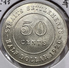 1920 50 Cents Straits Settlements 50C Silver Coin