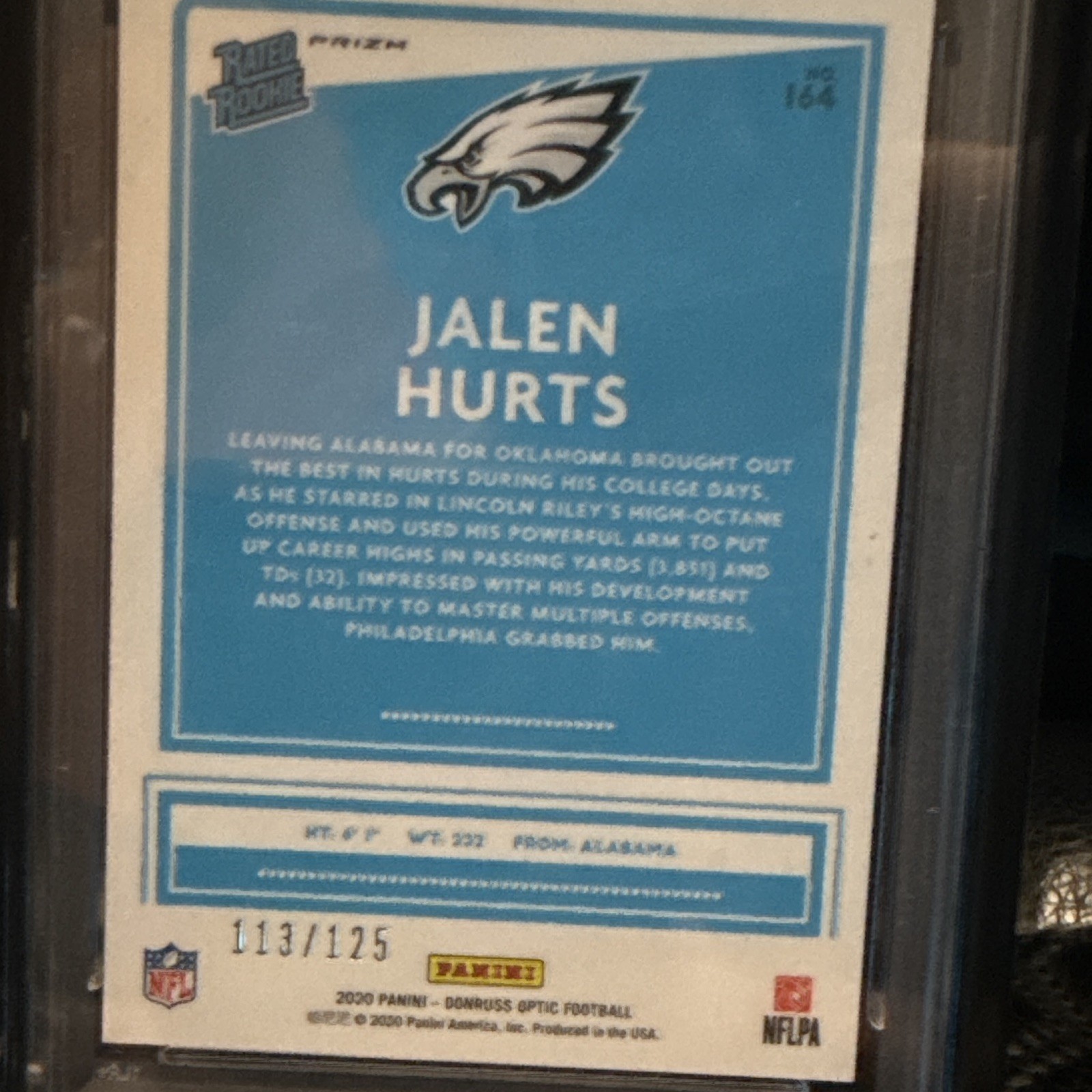 Panini Donruss Optic 2020 Jalen Hurts Rated Rookies #164 /125 PSA 10 RC view 3