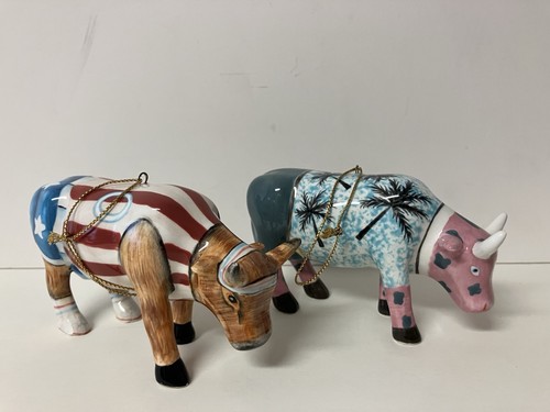 Vintage 2000 Cow Parade Lot of 2 Ceramic Ornaments Patriotic Flag & Palm Trees