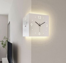 Double Sided Corner Wall Clock Decorative Silent Clocks LED Light Living Room UK
