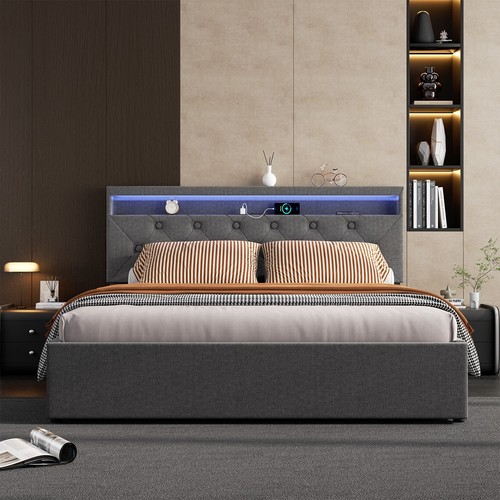 RGB-LED Polsterbett Doppelbett 160x200 mit Ladestation Stauraumbett Bettgestell - Bild 14 von 21