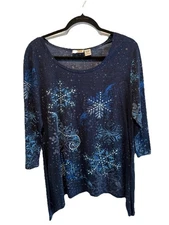 Women’s Blue Snowflake Sequin Holiday 3/4 Sleeve Handkerchief Hem Top Sz L￼