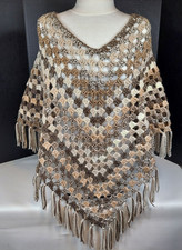 Handmade Boho Poncho Shawl Fringe Beige Tan One Size Fits Most Soft Acrylic
