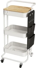 3 Tier Metal Utility Rolling Cart with Table Top and Side Bags, Metal Tray Stora