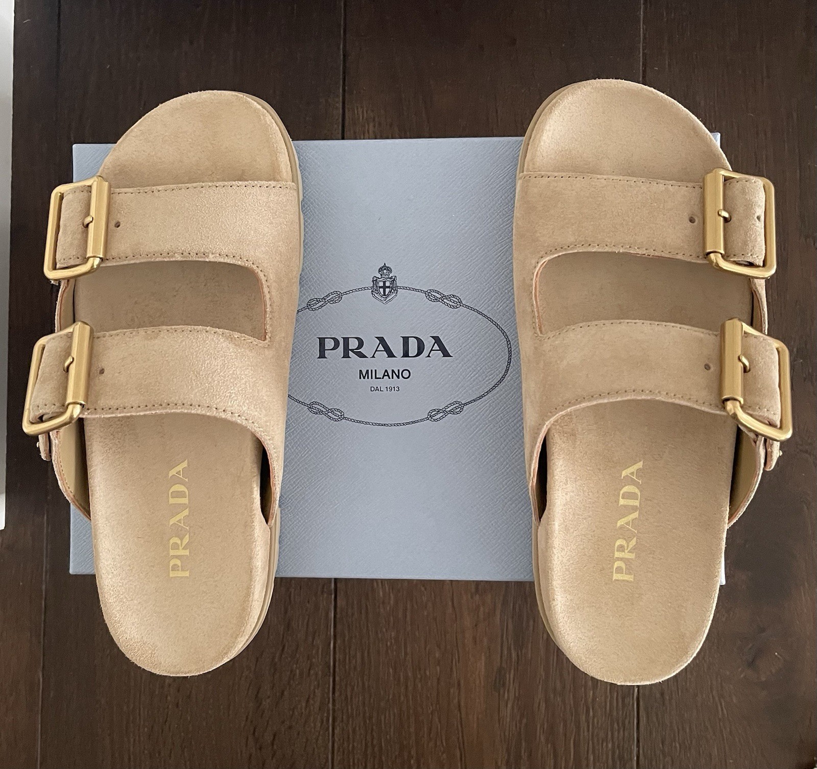 BRAND NEW  Size 38 -PRADA Beige Suede Buckle Slide Sandals Adjustable Strap  thumbnail 4
