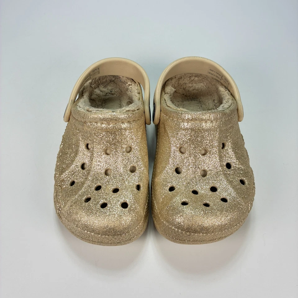Crocs Baya Lined Glitter Clogs Gold Warm Fuzzy Slip On Shoes 207655 Youth Size 9 - Image 3 of 4