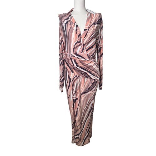 RACHEL Rachel Roy Printed Faux-Wrap Midi Long Sleeve Fitted Dress Sze Large NEW - Picture 2 of 9
