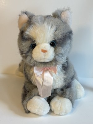 SKM Enterprise Grey Tabby Kitten Cat Plush Pink Satin Ribbon White Paws EUC