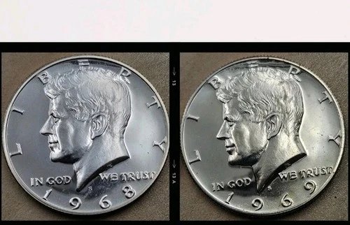 2x UNC 40% Silver Kennedy Halfs 1968 S & 1969 S