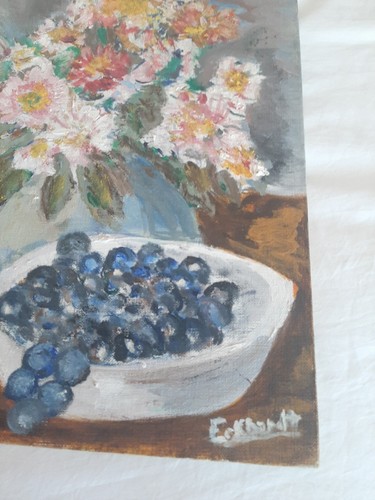 Vtg Original Still Life Painting Boquet Peaches, Berry Amateur Canvas Board Art - Picture 3 of 7