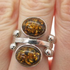 925 Sterling Silver Vintage Real Amber Modernist Ring Size 7.5