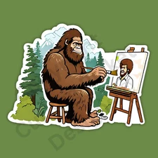 Bigfoot Painting a Picture of Bob Ross Cryptid Sasquatch Funny 4" Vinyl Sticker