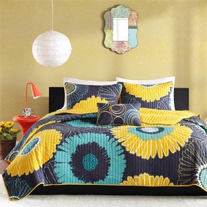 Beautiful 5pc Modern Chic Blue Aqua Teal Yellow White Brown Soft Quilt Set New Bedding Quilts Bedspreads Coverlets